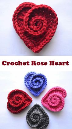 crochet rose heart is shown in three different colors, and the pattern has been made