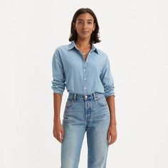 Odessa Long Sleeve Shirt - Light Wash | Levi's® US Timeless Button-up Tops With Placket, Timeless Fall Button-up Tops, Classic Shirt With Shirttail Hem For Fall, Timeless Spring Tops With Button Closure, Classic Solid Color Shirt For Casual Gatherings, Classic Shirttail Hem Blouse For Spring, Classic Spring Blouse With Shirttail Hem, Classic Blouse With Shirttail Hem For Spring, Classic Blouse With Relaxed Fit And Shirttail Hem