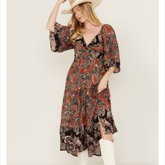 Very Cute With Elastic Panel Back And Cool Sleeve Detailing. Buttons Down Front. Midi. Higher On Sides Than In The Middle. Nwt. Floral And Paisley. First Image Is Stock Image For Fit & Styling. Boho, Festival, Float, Cottage Core, Babydoll, Sweetheart, Southwestern, Southwest 032624-Bscl09 Bohemian Midi Dress With Paisley Print, Flowy Bohemian Midi Dress With Paisley Print, Bohemian Paisley Print Patterned Midi Dress, Bohemian Paisley Print Midi Dress For Fall, Bohemian Maxi Dress With Ruffle Hem For Fall, Bohemian Brown Midi Dress With Ruffles, Bohemian Floral Print Peasant Dress For Fall, Bohemian Patterned Midi Dress For Fall, Bohemian Floral Peasant Dress For Fall