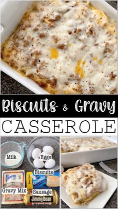 biscuits and gravy casserole recipe with text overlay