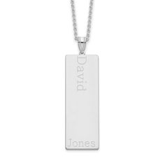 Show your family names in style with this striking family pendant fashioned from rhodium-plated sterling silver. This pendant may be customized with 6 first names and 1 last name (up to 9 characters each) in Batang font. Polished finish for perfect shine this fabulous pendant dangles from 18-inch cable chain with lobster clasp security. Up to 6 first names can be given, to be engraved top to bottom left justified, then top to bottom in second column. Last name given last (in order) and to be cited across bottom of pendant. Silver Necklace With Engraved Rectangular Pendant, Silver Sterling Name Necklace With Engraving Option, Sterling Silver Pendant Name Necklace With Engraving, Sterling Silver Name Necklace With Engraving Option, Engraved White Gold Necklace For Father's Day, Silver Name Necklace For Keepsake, Engraved White Gold Necklace, Silver Necklace With Name On Rectangular Pendant, Silver Rectangular Pendant Jewelry With Name