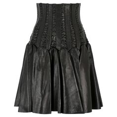 This documented 2008 Autumn/Winter collection skirt is by the renowned French couturier Azzedine Alaia shortly after he bought back his company from Prada in 2007. Made of black lambs leather, the skirt features a high waisted, corset style section, complete with boning effect and lace up back. The complex design features panels of vertical, tightly seamed sections alternating with sections of horizontal mini pleats. The lower skirt has unusual panier style shaping from around the hip down, crea Luxury Leather Flared Skirt, Corset Skirt High Waisted, Complex Design, Corset Skirt, Autumn Winter Collection, Azzedine Alaia, Europe Fashion, Leather Corset, Fall Skirts