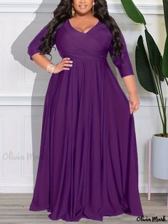 Olivia Mark - Stylish Plus Size Surplice Neck Maxi A-line Wedding Dress for Women, Featuring Long Sleeves and Medium Stretch in Plain Design A Line Maxi Dress, Plus Size Party Dresses, Maxi Dress Wedding, Maxi Robes, Stylish Plus, Wholesale Dress, Elegant Party, Plus Size Wedding, Curve Dresses