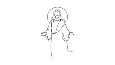 a continuous drawing of jesus holding his hands out to the side, with one arm outstretched