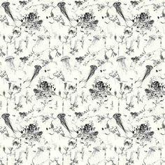 a black and white floral pattern with birds