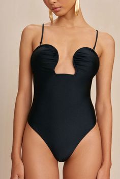 Chic One-piece Second-skin Swimwear, Luxury Chic One-piece Swimwear, Black Backless One-piece For Pool, Black One-piece Beachwear, Luxury Black One-piece Swimwear, Poolside Glamour, White Bikinis, One Shoulder Swimsuit, Cult Gaia