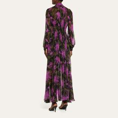 Oscar de la Renta chiffon pleated dress in chrysanthemum print with a scarf-neck High neckline Long sleeves; button cuffs Full length A-line silhouette Silk Dry clean Made in Italy