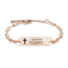 Elevate your faith with our stunning stainless steel Bible verse bracelet, a symbol of hope and peace. This beautiful accessory serves as a tangible reminder of faith and inner strength, providing inspiration and comfort during daily wear. Crafted with care, this bracelet is nickel-free and waterproof, making it skin-friendly and enduring. Its low allergenicity ensures comfort and confidence, allowing you to wear your faith proudly. With an adjustable heart chain and lightweight design, this bra Adjustable Rose Gold Charm Bracelet, Tarnish Resistant, Adjustable Rose Gold Tarnish-resistant Charm Bracelet, Rose Gold Adjustable Chain Bracelet For Valentine's Day, Valentine's Day Rose Gold Adjustable Chain Bracelet, Rose Gold Name Bracelet With Adjustable Chain As Gift, Inspirational Adjustable Gold Charm Bracelet, Adjustable Rose Gold Tarnish Resistant Bracelet, Adjustable Tarnish-resistant Rose Gold Bracelet, Rose Gold Metal Heart Bracelet As Gift