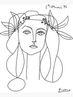 a black and white drawing of a woman's face with leaves on her head