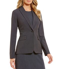 From Calvin Klein&#x2C; this women's jacket is chic and sophisticated. A button-front closure and notch collar provide shape and create a flattering silhouette.  one-button front closure notch collar front flap pockets approx. 26" long from center back polyester/rayon/spandex; dry clean Imported. Luxury Calvin Klein Notch Lapel Suits, Classic Calvin Klein Suits For Office, Classic Calvin Klein Office Suits, Calvin Klein Notch Lapel Suits For Workwear, Calvin Klein Tailored Blazer With Welt Pockets, Calvin Klein Single Breasted Blazer For Business, Classic Calvin Klein Blazer For Semi-formal Occasions, Calvin Klein Classic Blazer For Semi-formal Events, Calvin Klein Single Breasted Formal Blazer