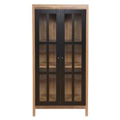 a wooden cabinet with glass doors on the front and bottom shelves in dark wood, against a white background