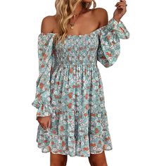 Turquoise Pleated Off Shoulder Floral Dress Turquoise Mini Dress For Spring, Turquoise Flowy Long Sleeve Dress, Casual Turquoise Floral Print Dress, Casual Flowy Turquoise Dress, Casual Turquoise Dress For Day Out, Chic Flowy Turquoise Dresses, Turquoise Flowy Dress For Spring, Flowy Turquoise Dress For Spring, Spring Turquoise Floral Print Dress