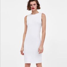 Cute Body Con Dress Chic Sleeveless Stretch Dress By Zara, White Stretch Sheath Dress, Chic White Sleeveless Bodycon Dress, Elegant Stretch Sleeveless Dress By Zara, Elegant Sleeveless Stretch Dress By Zara, Zara Elegant Sleeveless Stretch Dress, Spring Bodycon Sheath Dress, Zara Sleeveless Stretch Dress, White Bodycon Sheath Dress