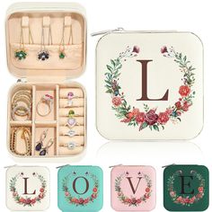 an assortment of jewelry in a case with the letter l on it's side