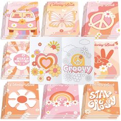 many different greeting cards with flowers and peace signs