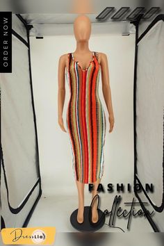 Summer Clothing Color Stripe Print Sleeveless V Neck Sexy Skinny Club Party Women Long Dress Multicolor Midi Bodycon Dress For Party, Multicolor Midi Bodycon Party Dress, Casual Multicolor Bodycon Dress For Party, Multicolor Casual Bodycon Dress For Party, Casual Multicolor Bodycon Party Dress, Trendy Sleeveless Dress For Club In Spring, Trendy Sleeveless Dress For Spring Club Events, Summer Multicolor Bodycon Dress For Date Night, Trendy Sleeveless Dress For Club And Spring