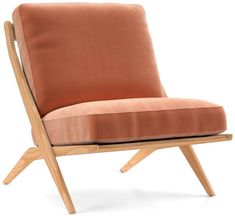 an orange chair with a wooden frame and seat cushion on the bottom half of it