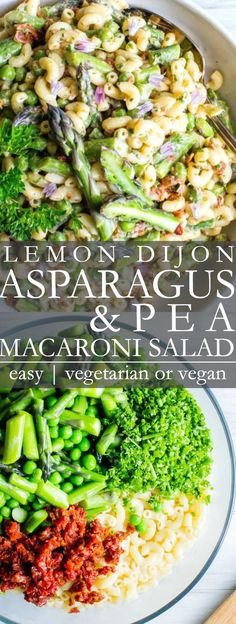 lemon, asparagus and pea macaroni salad on a white plate with text overlay