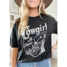 Womens Cowgirl At Heart Print T Shirt Fitted Graphic Print T-shirt For Rodeo, Graphic Print T-shirt For Rodeo, Trendy Relaxed Fit T-shirt For Rodeo, Trendy Short Sleeve T-shirt For Rodeo, Trendy Short Sleeve Rodeo T-shirt, Casual Cotton T-shirt With Cow Print, Trendy Cotton T-shirt For Rodeo, Spring Letter Print T-shirt For Rodeo, Western Cotton Tops With Graphic Print