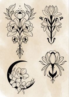 some flowers and crescents are drawn in black ink on a white paper with the moon