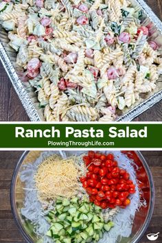 two pictures showing different types of pasta salad