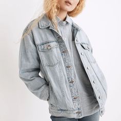 Brand New In A Size A Size Extra Small. Sold Out Online. Great Denim Jacket That Has An Oversized Fit. Can Fit A Small Person Was Well. Relaxed Fit Washed Blue Outerwear With Button Closure, Oversized Washed Denim Outerwear, Oversized Fall Denim Jacket For Everyday, Fall Outerwear In Washed Blue With Pockets, Classic Washed Blue Button-up Outerwear, Everyday Light Wash Long Sleeve Outerwear, Everyday Winter Washed Outerwear, Oversized Washed Blue Outerwear With Pockets, Everyday Light Wash Button-up Outerwear