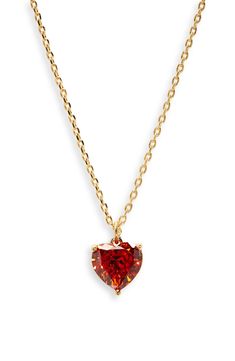 A cubic zirconia heart inspired by your birthstone centers this pendant necklace with love. 16" length; 1" - 3" extender; 1/4"W x 1/4"L pendant Goldtone plate/cubic zirconia Imported Gold Red Heart Necklace, Kate Space Necklace, Red Necklaces, Garnet Heart Necklace, Garnet Necklace Gold, Jewellery Wishlist, Leather Beaded Necklace, Red Heart Necklace, Kate Spade Necklace