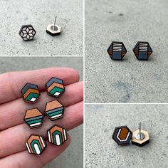 Stylish Geometric Stud Set In your order you will receive all 6 sets as seen in pictures. These are hand painted and I personally love the color theme in these earrings as it mixes the red rock from Southern Utah and the Evergreens of Washington.  These are rich in detail and many will compliment. These are a great unique gift for yourself or someone else.  These are made of 1/8 inch wood, they are so light you can hardly tell you are wearing them! Please remember to take earrings off before sho Wooden Earing Ideas, Stylish Earrings Unique, Diy Wood Earrings, Wood Earrings Diy, Hand Painted Earrings Wood, Lézervágott Fa, Laser Engraved Earrings, Unique Stud Earrings, Hexagon Earrings