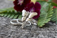 Double Stacked Ring, Moth Ring, Moth Jewelry, Beaded Stacking Rings, Insect Ring, Moon Phase Ring, Jewelry Butterfly, Gothic Ring, Unique Christmas Gift