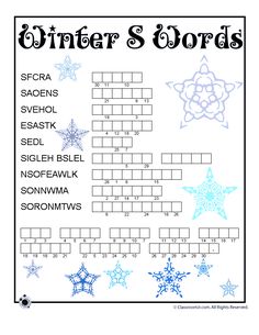 a crossword puzzle with snowflakes on it and the words winter's words