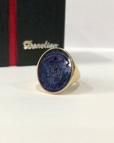 Sodalite Coat of Arms Signet Ring that can be personalized with your desired Family Crest design. A handmade piece that has been brought to life with the combination of fine goldsmith techniques and the latest technology. 📩 Leave us a message with your custom personalization, your family crest, coat of arms, logo or any design imagined. If you would like a different gemstone instead, please contact us. Gemstone Signet Ring - Coat of Arms Ring - Armorial Ring - Wax Seal Ring - Family Crest Ring Timeless Cabochon Sapphire Ring Gift, Timeless Gift Sapphire Cabochon Ring, Classic Oval Hallmarked Enamel Ring, Luxury Oval Enamel Ring For Gifts, Heirloom Signet Ring With Cabochon As A Gift, Heirloom Signet Ring With Cabochon For Gift, Heirloom Opal Ring With Polished Finish Gift, Timeless Yellow Gold Enamel Ring Gift, Classic Enamel Ring With Polished Finish As A Gift