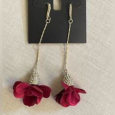 Inc Gold-Tone Fabric Red Floral Drop Earrings Sparkling Rhinestones Set In Gold-Tone Mixed Metal. Close To A 4" Drop With A Fish Hook. Fabric Red, Beaded Dangle Earrings, Beaded Dangles, Gold Fashion, Pink Crystal, Fish Hook, Inc International Concepts, Tassel Earrings, Gold Style