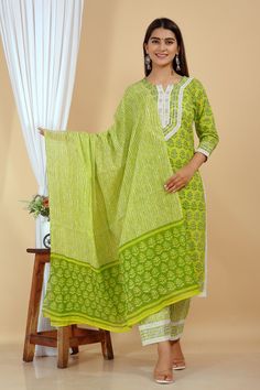 Impress Everyone With Your Stunning Look By Wearing this gorgeous Ethnic Set. The Trendy Work & Designs Speak A Language Of Elegance And Felinity, Using The Finest Quality Fabrics And Is Trendy Fashionable As Well As Comfortable. It Is Light In Weight And Will Be Soft For Your Skin. A Pretty Kurta To Wear At Parties, Functions Or Just Casually Which Is Stylish & comfortable To Wear For Women Or This Kurti And You Will Be A Fashion Statement Every Time With Brand Of Satvi Creations. # Pure Sanganeri Hand Block Printed Product.  # Inside The Package :: 1-PC COTTON HAND WORKED LONG JAIPUR DESIGNER TOP (KURTI) , 1-PC COTTON BOTTOM(TROUSER), WITH PURE COTTON STOLE(DUPATTA).  # Wash Care :: Gentle machine wash cold with similar colors, Color may bleed, Tumble dry low, Warm iron. DISCLAIMER: Slig Bohemian Chanderi Sets With Sheer Dupatta, Green Bohemian Palazzo Set For Navratri, Bohemian Palazzo Set With Straight Kurta And Dupatta, Green Mulmul Palazzo Set With Zari Work, Green Palazzo Set With Zari Work, Bohemian Green Palazzo Set For Festivals, Bohemian Style Unstitched Set With Sheer Dupatta, Bohemian Semi-stitched Chanderi Palazzo Set, Green Palazzo Set With Printed Motifs