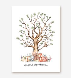 a baby's birth card with an illustration of a tree and animals