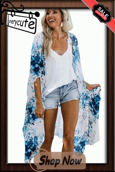 Blue Floral Kimono Sleeves Chiffon Loose Beach Cover Up Cover Up Swimwear, Kimono Beach Cover Up, Chiffon Cover Up, Kimono Outfit, Chiffon Kimono, Global Dress, Romantic Flowers, Swimwear Beach, Kimono Sleeves