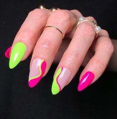 Neon pink and green abstract reusable press on nails Trending Nails 2020, Cute 80s Nails, Neon Nails Green And Pink, Neon Nails 2023 Trends, Vacation Neon Nails, Neon Pink Nails Almond Shape, Neon Polka Dot Nails, Birthday Neon Nails, Neon Pink And Yellow Nail Designs