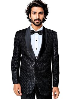 Elegant Ethnic Black Tuxedo Suit for Men with Shawl Collar and Exquisite Sequin Embellishments. Make a Bold Impression at Weddings, Galas, and Upscale Events. Set includes Jacket, Trouser, Shirt, and Bow Tie. Dry Clean Jacket Only; Machine Wash Trousers and Shirt. Perfect for weddings,graduation ceremoney,dating, meeting, yacht party, banquet, hosts' wearing,etc  Care Instructions : Dry Clean Only  Made in India Tuxedo Suit For Men, Black Tuxedo Suit, Satin Shawl, Wedding Tuxedo, Yacht Party, Suit For Men, Tuxedo Wedding, Tuxedo Suit, Black Tuxedo