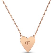 This lovely necklace features a 14K rose gold heart customized with your initial in a sophisticated script font. The pendant suspends from an 18-inch rope chain that secures with a spring ring clasp. Classic Rose Gold Initial Pendant Name Necklace, Rose Gold Necklace With Heart Charm And Initial Pendant, Rose Gold Initial Pendant Necklace For Valentine's Day, Rose Gold Initial Necklace For Valentine's Anniversary, Rose Gold Initials Necklace For Valentine's Day, Mother's Day 14k Rose Gold Initial Necklace, Rose Gold Initial Necklace For Anniversary On Valentine's Day, Mother's Day Rose Gold 14k Initial Necklace, Rose Gold Heart Necklace With Initials