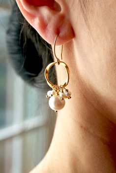 Mother of the Bride Jewelry Pearl Bridal Earring by laurastark, $72.00 Brass Jewelry With Pearl Charm For Weddings, Gold Wire Wrapped Earrings For Wedding, Dainty Wire Wrapped Pearl Earrings For Wedding, Dainty Wire Wrapped Earrings For Wedding, Dainty Wire Wrapped Wedding Earrings, Nickel-free Yellow Gold Wedding Jewelry, Elegant Brass Pearl Earrings, Elegant Pearl Drop Brass Jewelry, Elegant Brass Jewelry With Pearl Drop