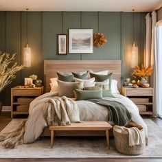 Fall Bedroom Colors Bedding, Bedroom Autumn Aesthetic, Earthy Master Bedrooms Decor, Gray And Green Bedroom Ideas, Fall Bedroom Decor Cozy, Neutral Fall Colors, Bedding Cozy, Fall Dining Table Decor, Elegant Fall Decor