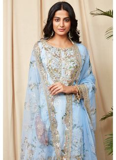 Light Blue Floral Georgette Suit – Lashkaraa Blue Indian Outfit, Blue Churidar, Georgette Shirt, Georgette Suit, Blue Backdrop, Desi Clothes, Punjabi Suit, Blue Backdrops, Indian Suits