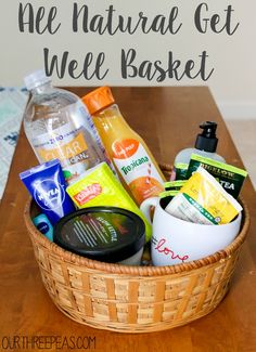 a basket filled with personal care products on top of a wooden table