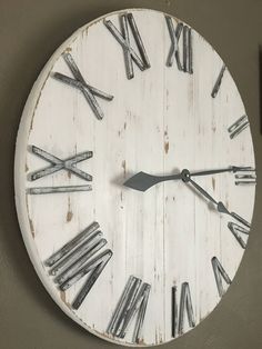 a white clock with roman numerals on it