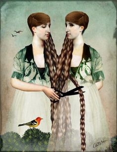 two women with long braids holding scissors in their hands and birds flying above them