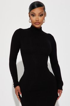 Flair Dresses Classy, Flair Dress, Mock Neck Long Sleeve, Ribbed Midi Dress, Stretch Dress, Classy Dress, Black Midi Dress, Mock Neck, Dress Length