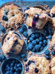 blueberry muffins and cupcakes are on a baking sheet with fresh blueberries