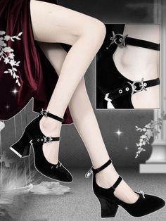 Introducing our edgy and stylish gothic velvet high heels, the perfect combination of gothic and punk aesthetics. These pointed-toe high heels are designed with a y2k and punk-inspired flair, featuring striking silver studs that exude a rebellious attitude. The luscious velvet material adds a touch of luxury to these statement shoes, making them a must-have for anyone with a bold sense of style. Whether you're looking to add an edge to your gothic or punk outfit, or simply want to stand out from Black Punk High Heels, Punk Heels With Pointed Toe For Concert, Black Punk Heels With Pointed Toe, Punk Style Pointed Toe Heels For Concerts, Black Punk Pointed Toe Heels, Black Pointed Toe Punk Heels, Black Gothic Heels With Closed Toe, Gothic Black Heels For Party, Black Gothic Ankle Strap Heels