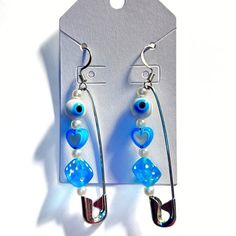 nickel free, 2 inches. Handmade! Blue Charm, Safety Pin Earrings, Safety Pin, Jewelry Earrings Dangle, Dangle Earrings, Jewelry Earrings, Blue