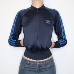 Adidas Zip Up Track Jacket (XS) Adidas Zip Up Outfit, Adidas Track Jacket Outfit, Black Bustier Top, Black Cropped Jacket, Denim Tube Top, Black Cropped Cardigan, 2000s Outfit, High Cut Bodysuit, Crochet Cardigans