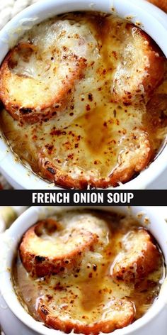 french onion soup in a white bowl with the words, how to make french onion soup